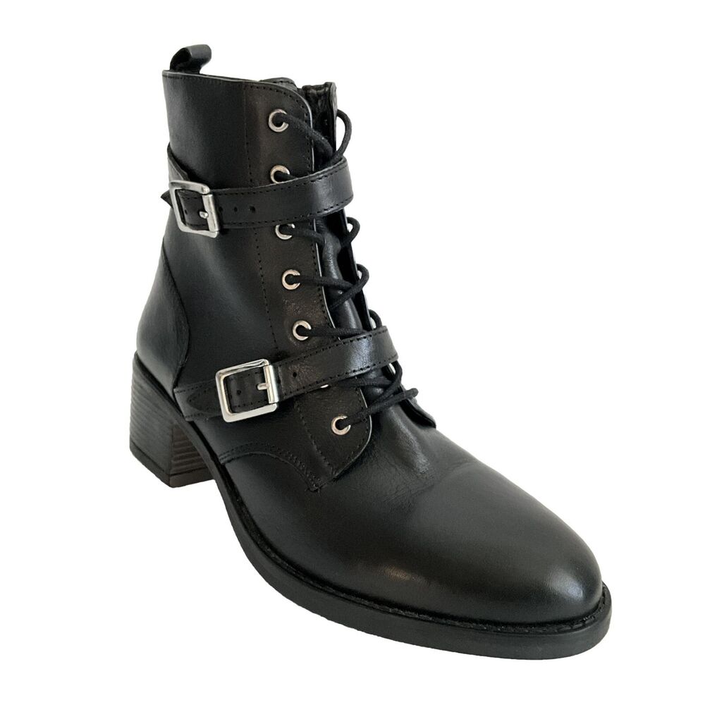 Dune London Leather Paxtone Harness Lace-up Biker Bootie Black 10